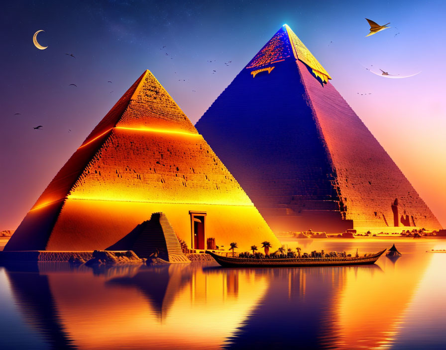 Great Pyramids of Giza at sunset: reflections, colorful sky, crescent moon, birds,