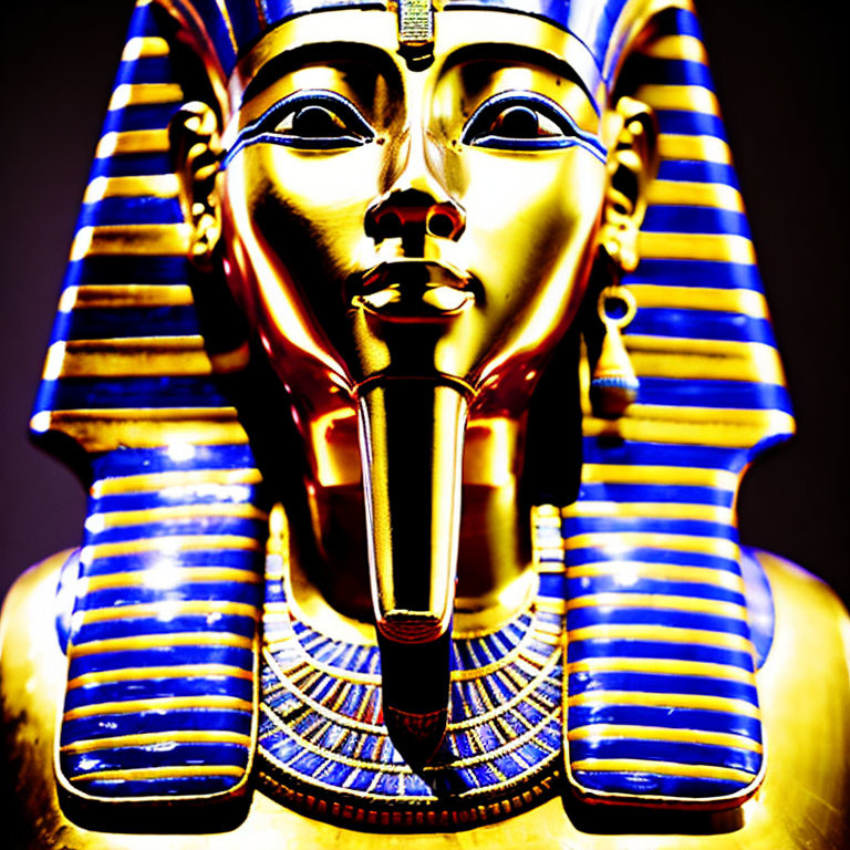 Egyptian Pharaoh Mask in Golden and Blue with Lapis Lazuli-like Stripes