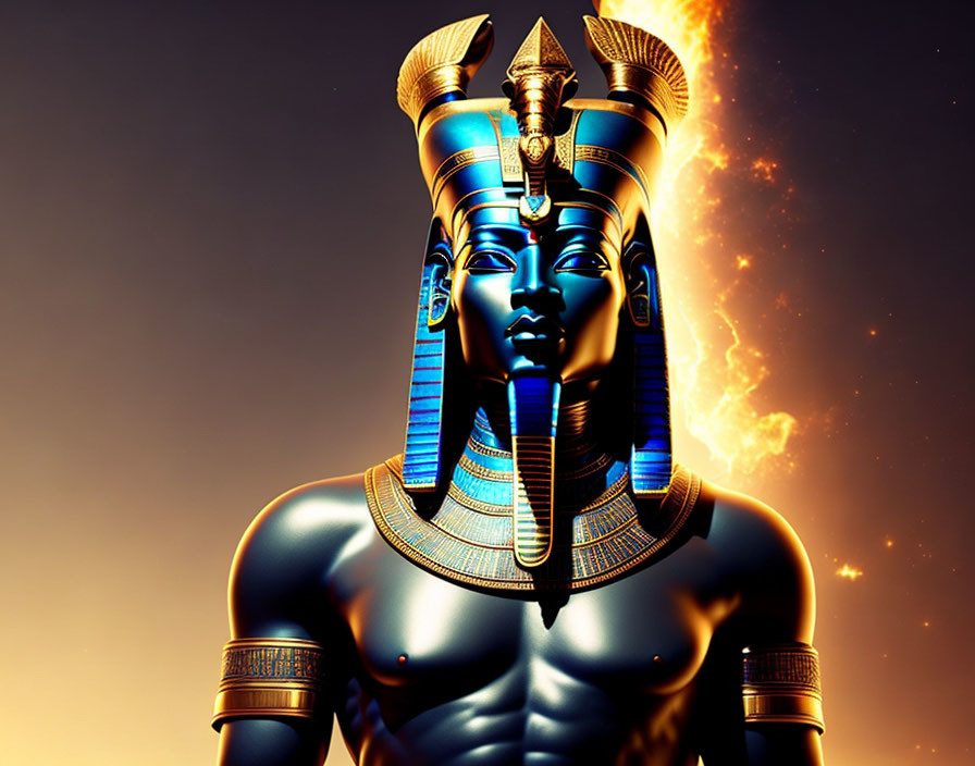 Digital artwork: Egyptian pharaoh with flaming headdress on golden backdrop