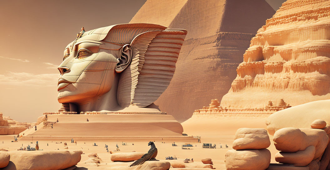 Giant sphinx sculpture in desert landscape with pyramids and rock formations