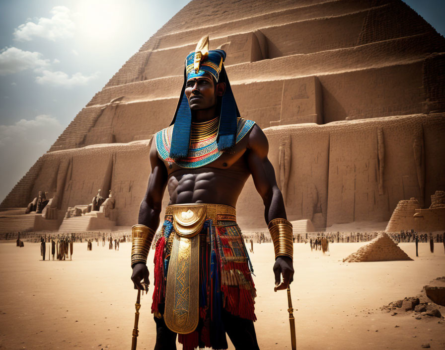 Ancient Egyptian Pharaoh in Costume with Pyramids and Cloudy Sky