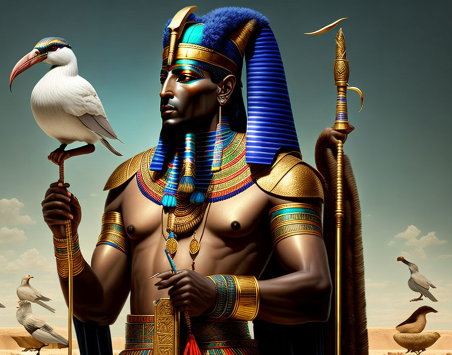 Ancient Egyptian pharaoh with traditional headdress and regalia, white bird in desert.