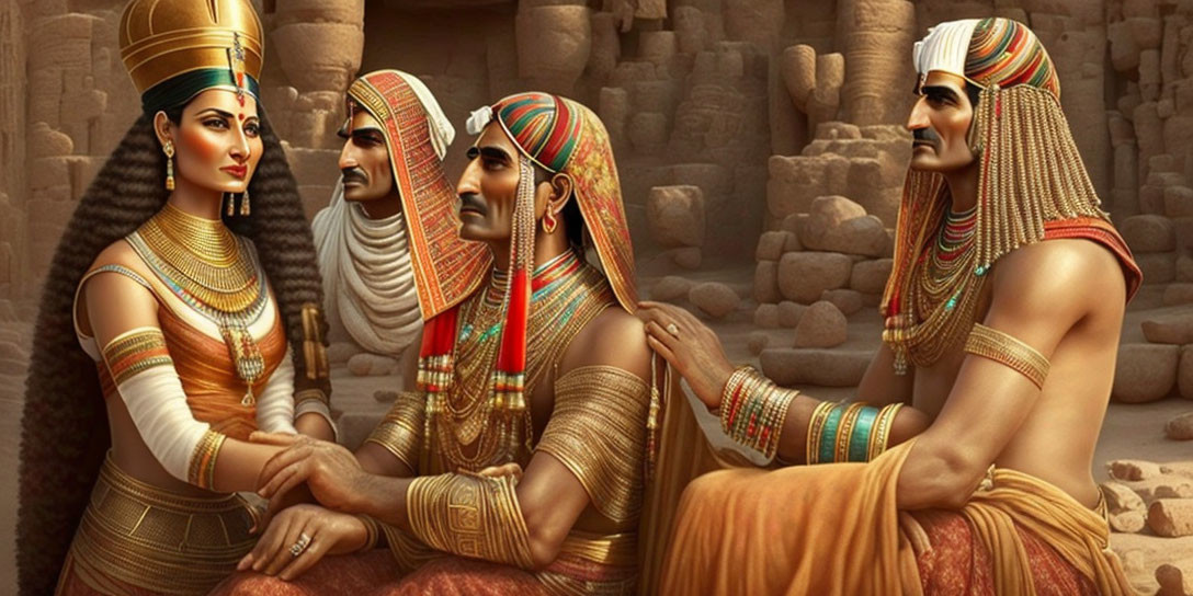 Digital illustration: Ancient Egyptian figures in attire with woman and three men, stone pillar backdrop