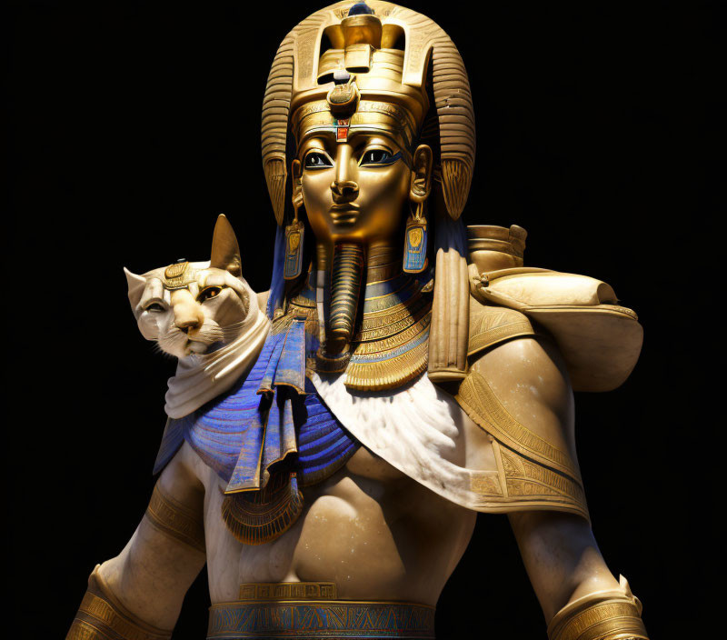 Golden Egyptian Pharaoh Statue with Sphinx-Like Cat Head on Black Background