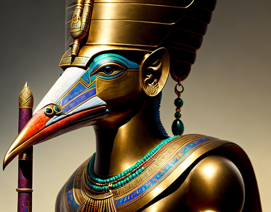 Ancient Egyptian god with falcon head in nemes headdress & staff