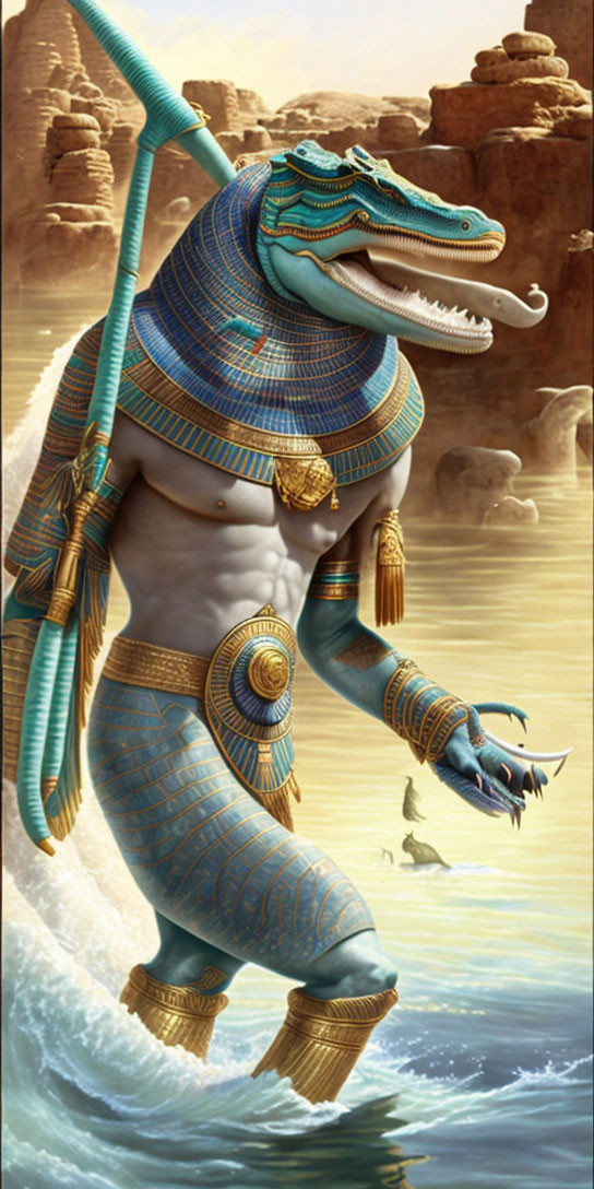 Anthropomorphic crocodile in Egyptian-style armor with spear on beach