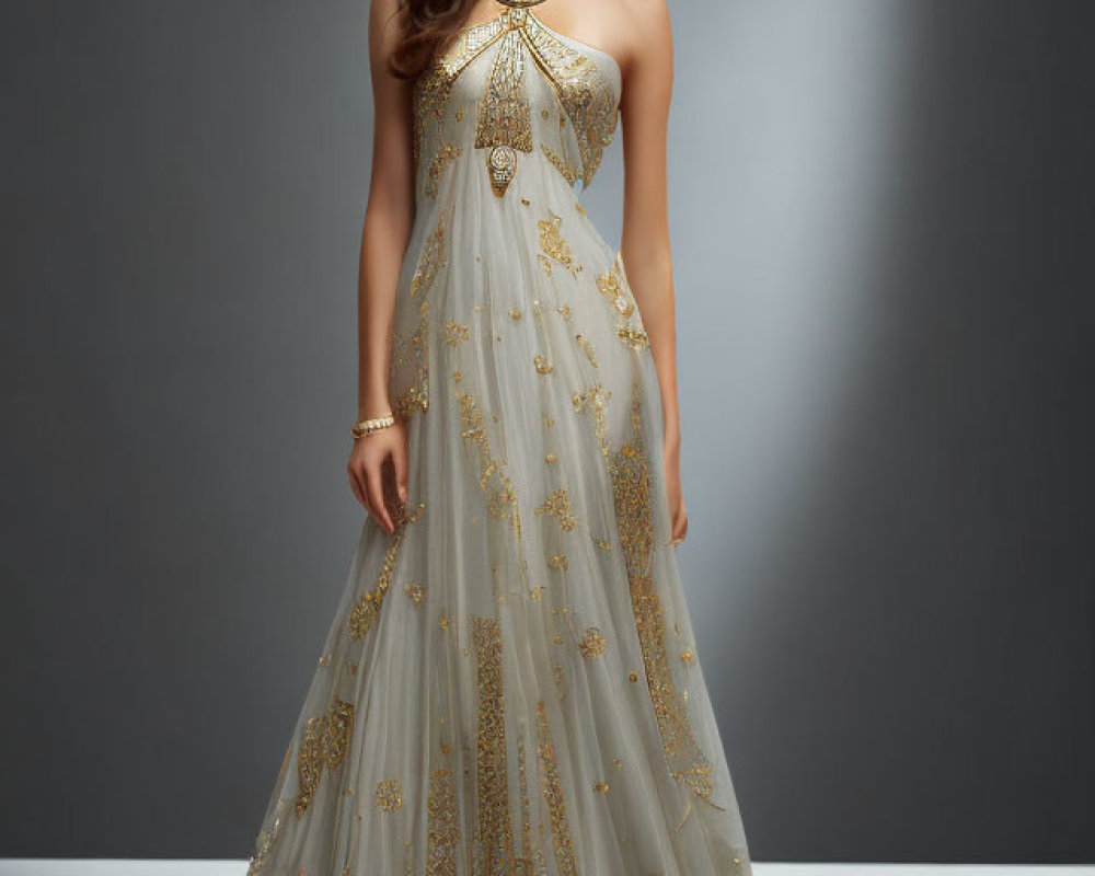 Elegant woman in beige and gold gown with matching accessories on gray backdrop