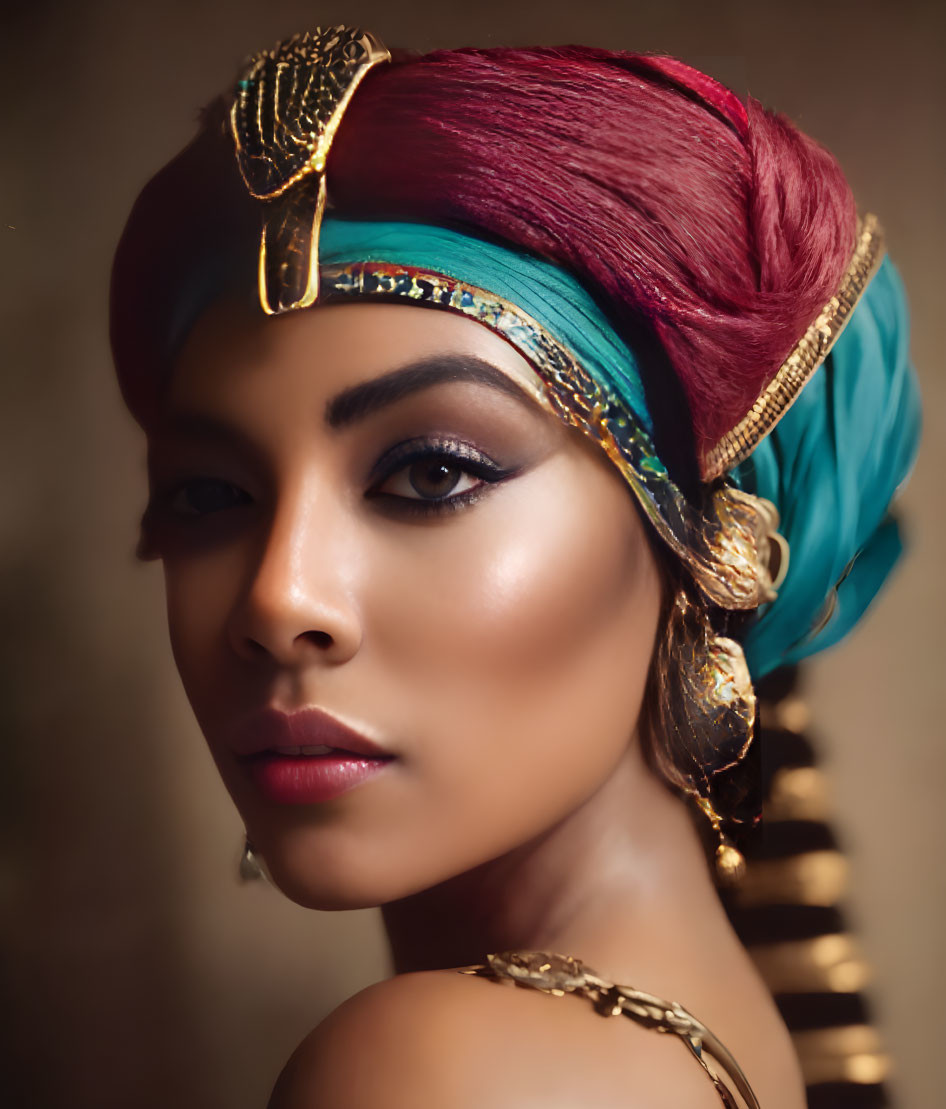 Vibrant red and turquoise headscarf on woman with gold jewelry and dramatic eye makeup.