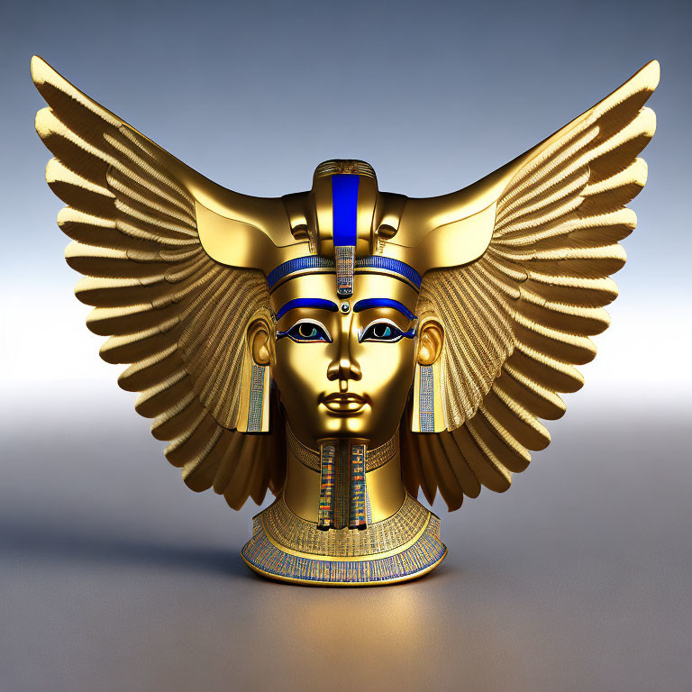 Detailed 3D rendering of golden Egyptian winged pharaoh's mask