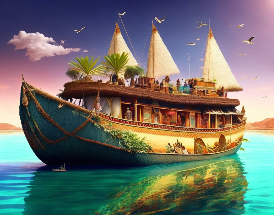 Fantastical ship with multiple sails and trees sailing on tranquil waters at sunset