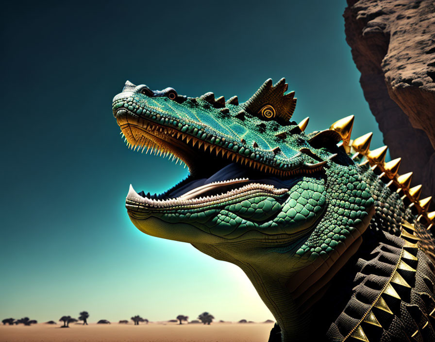 Vividly colored stylized crocodile heads in desert landscape