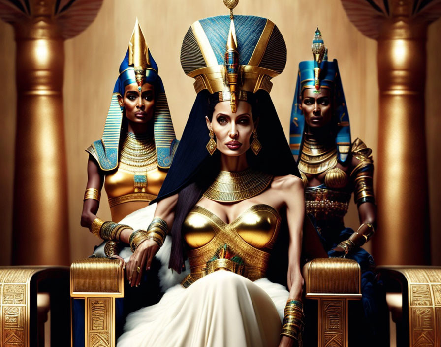 Ancient Egyptian queen on throne with female guards in headdresses