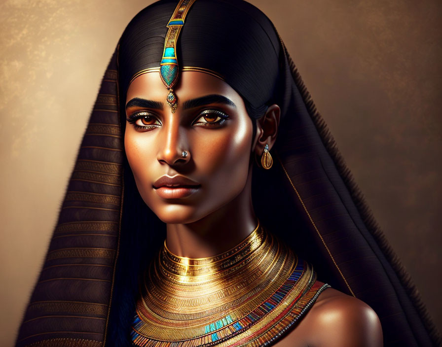 Illustrated portrait of a woman with Cleopatra-inspired makeup and Egyptian headdress on golden backdrop