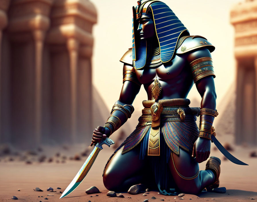 Illustration of Egyptian pharaoh in armor with swords in desert.