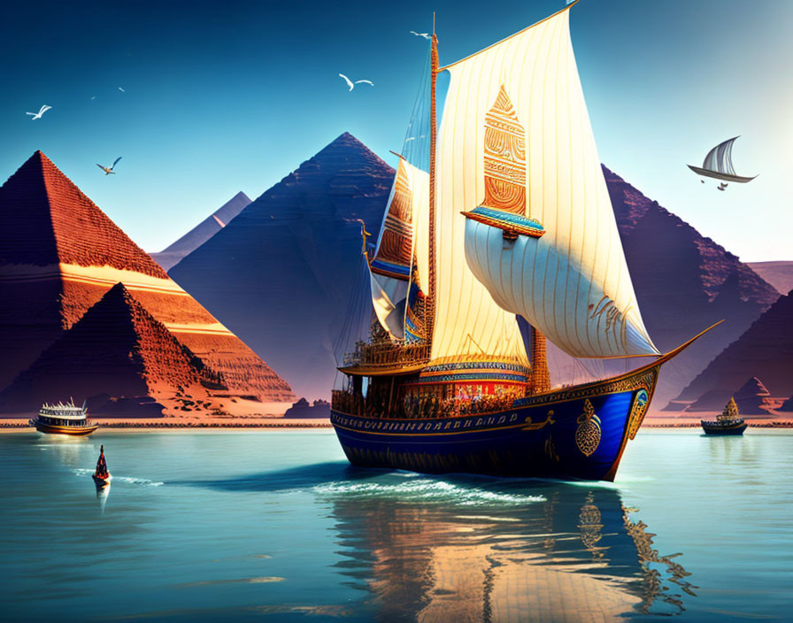 Ancient Egyptian ship on Nile with Great Pyramids and birds in background