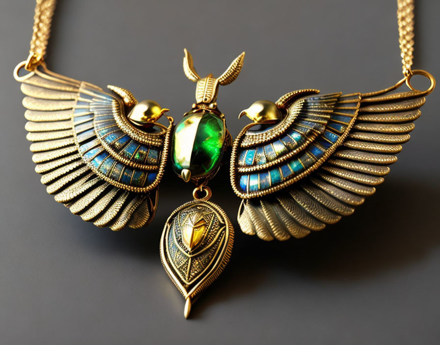 Golden Scarab and Wings Necklace with Green Gemstone Accents on Dark Background