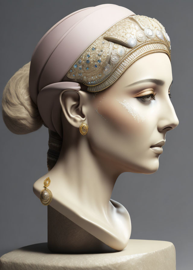 Female mannequin head with bejeweled headband and pearl earrings, in side bun hairstyle