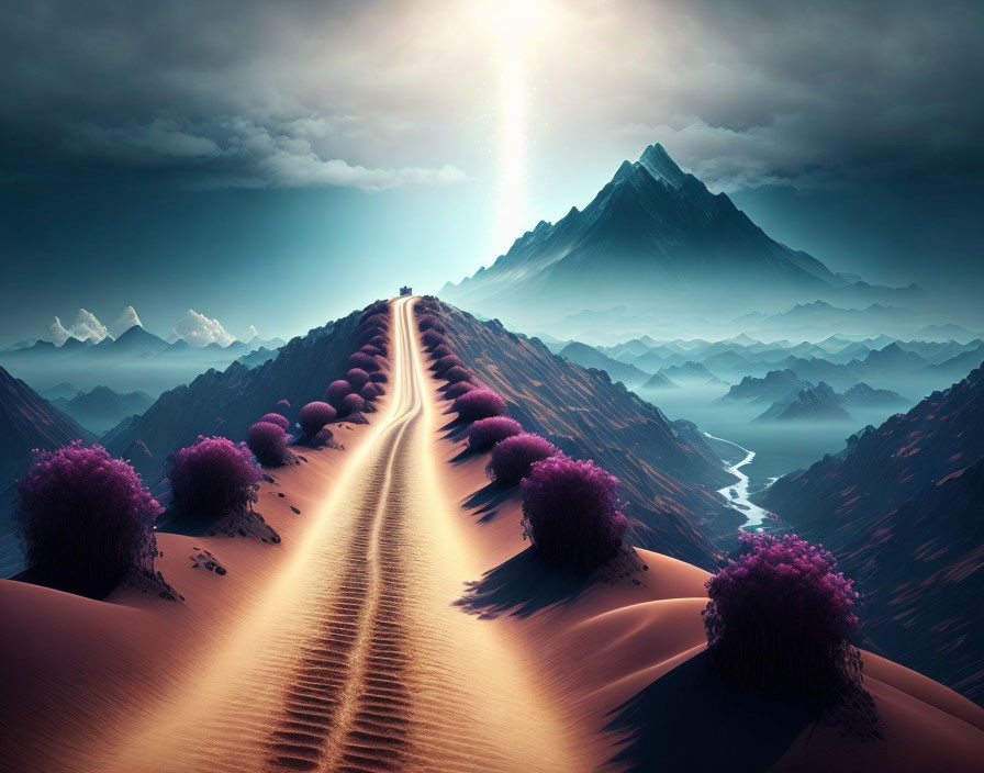 Surreal glowing path through violet trees to distant mountain