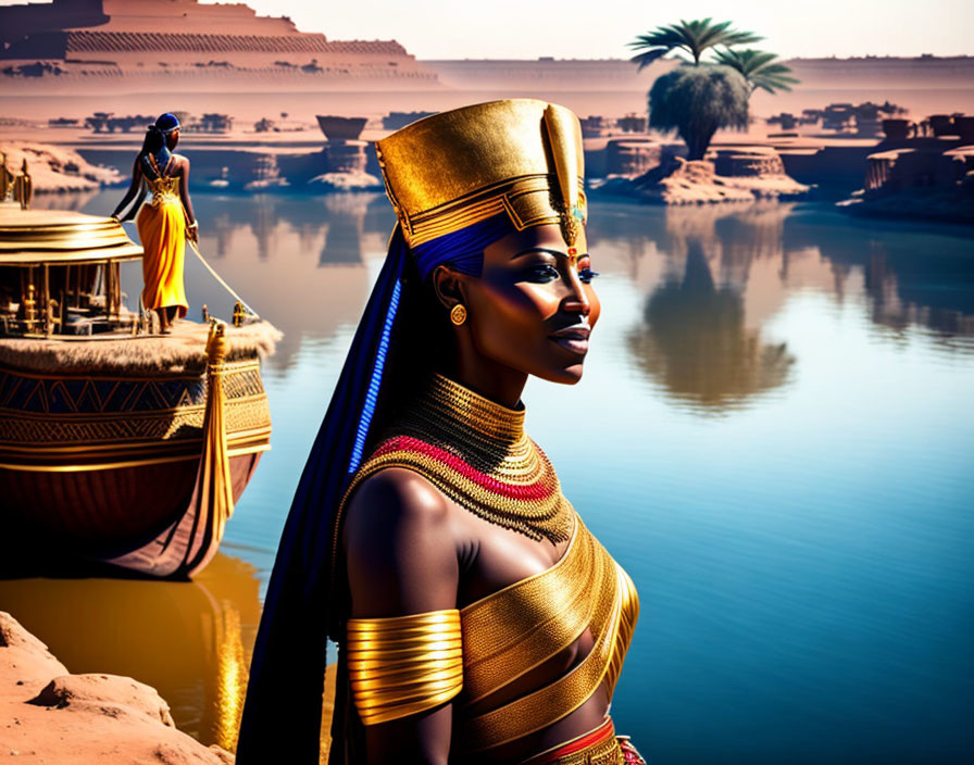 Ancient Egyptian Queen with Golden Headdress by Nile River