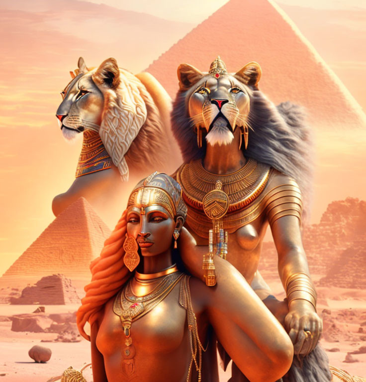 Fantastical image of woman in Egyptian attire with lion-like creatures by pyramids