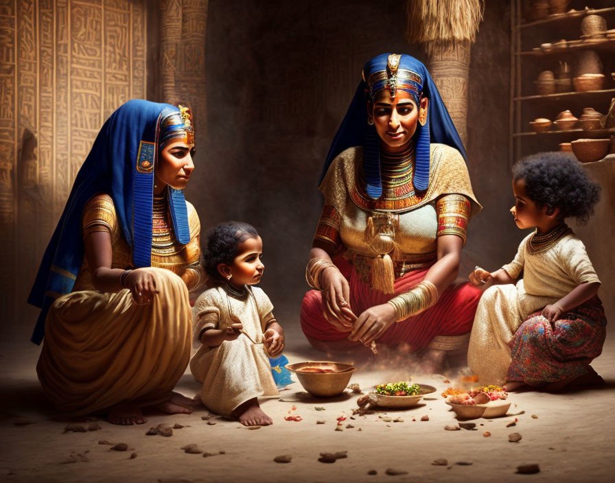 Ancient Egyptian-themed scene with two women and children eating colorful food