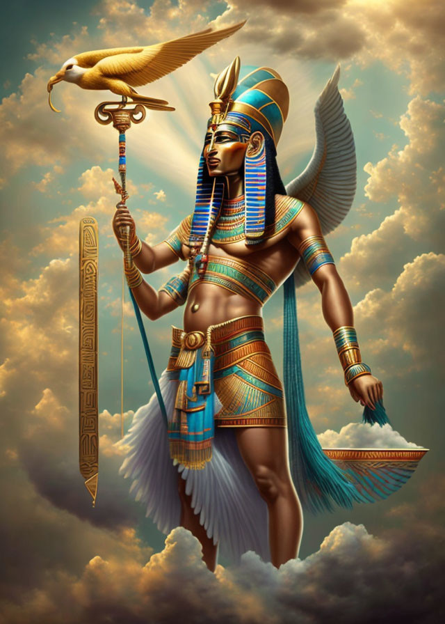 Egyptian Deity Artwork with Eagle, Traditional Headdress, Jeweled Collar