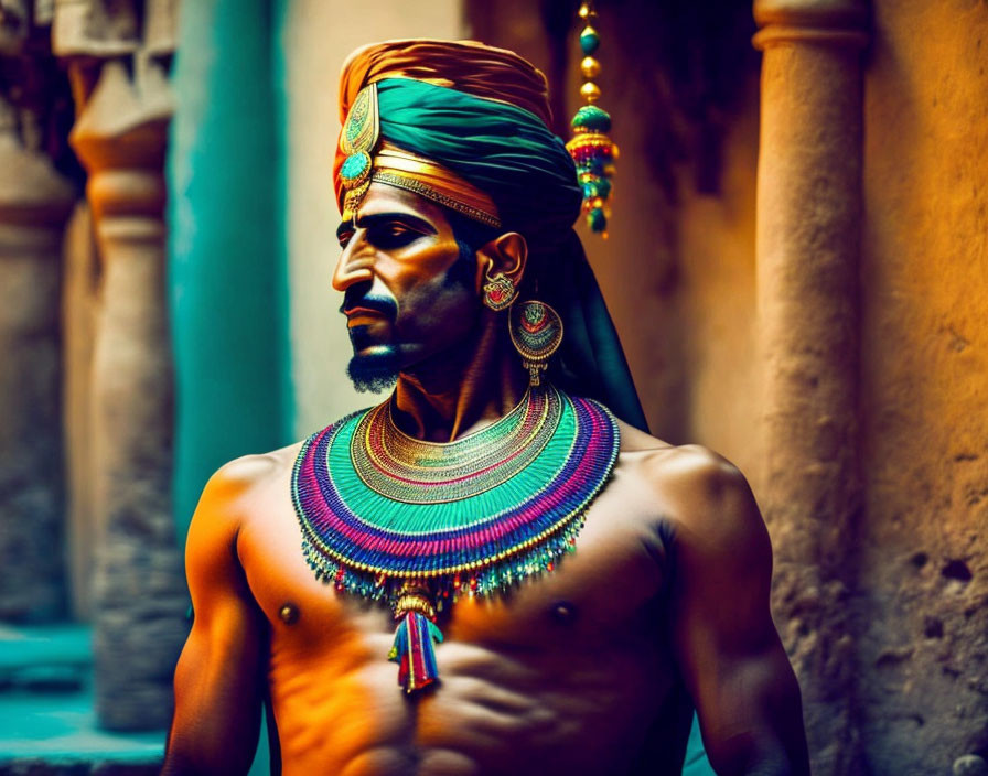 Traditional Indian Attire: Man in Vibrant Turban & Jewelry in Colorful Alleyway