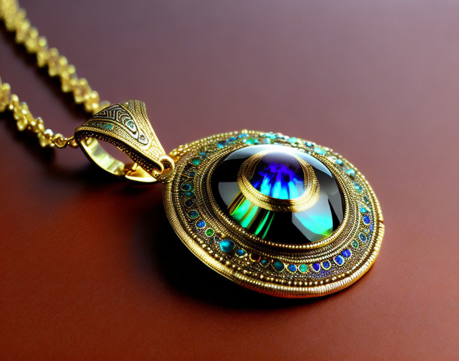 Iridescent Gemstone Pendant on Golden Chain against Warm Background