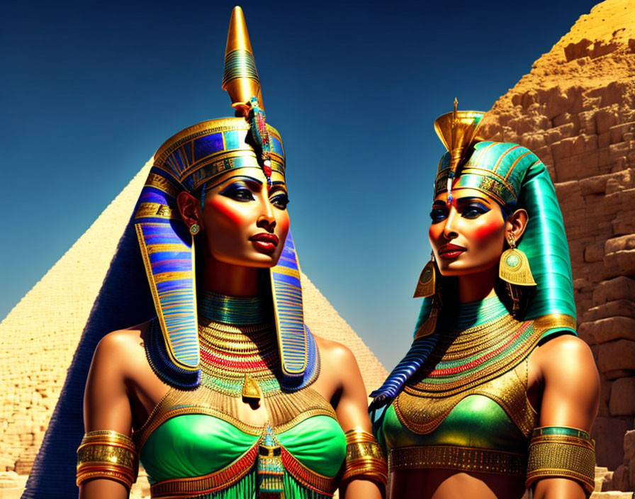 Ancient Egyptian Pharaoh Costumes with Pyramid in Desert