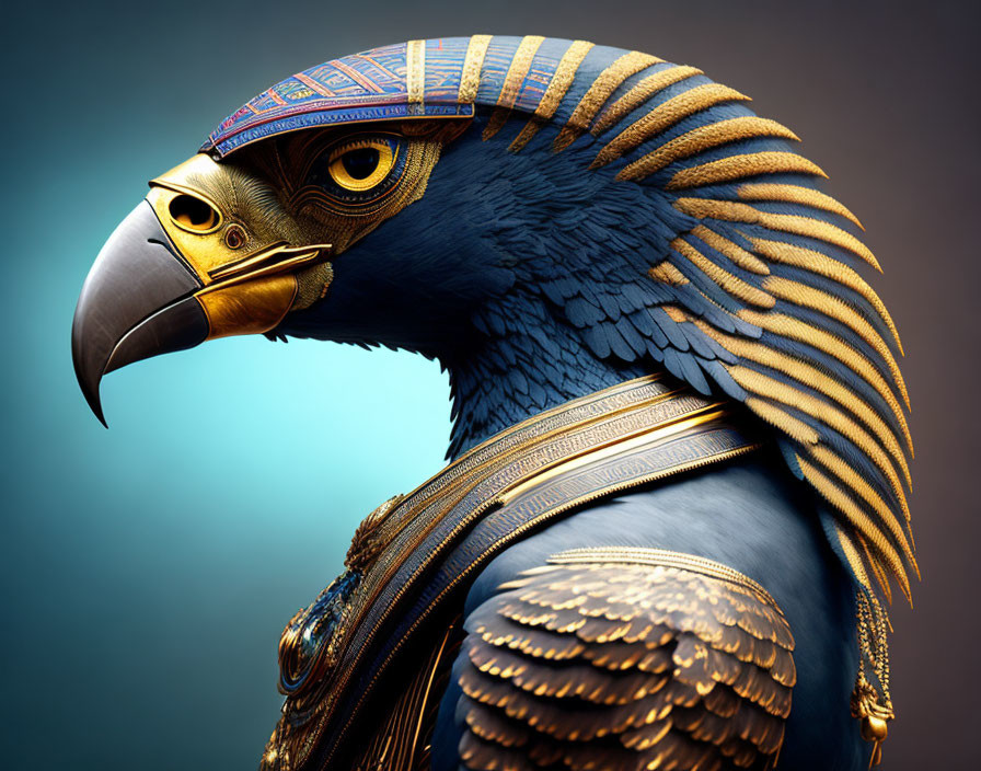 Detailed digital artwork: Eagle with Egyptian Pharaoh-like headdress and armor