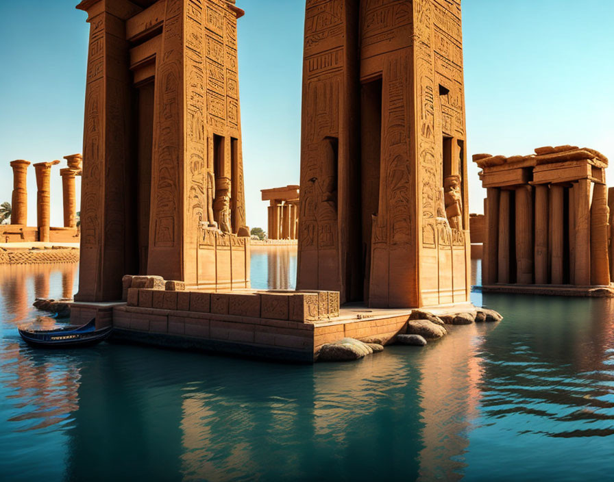 Ancient Egyptian temple with columns, hieroglyphs, and a body of water