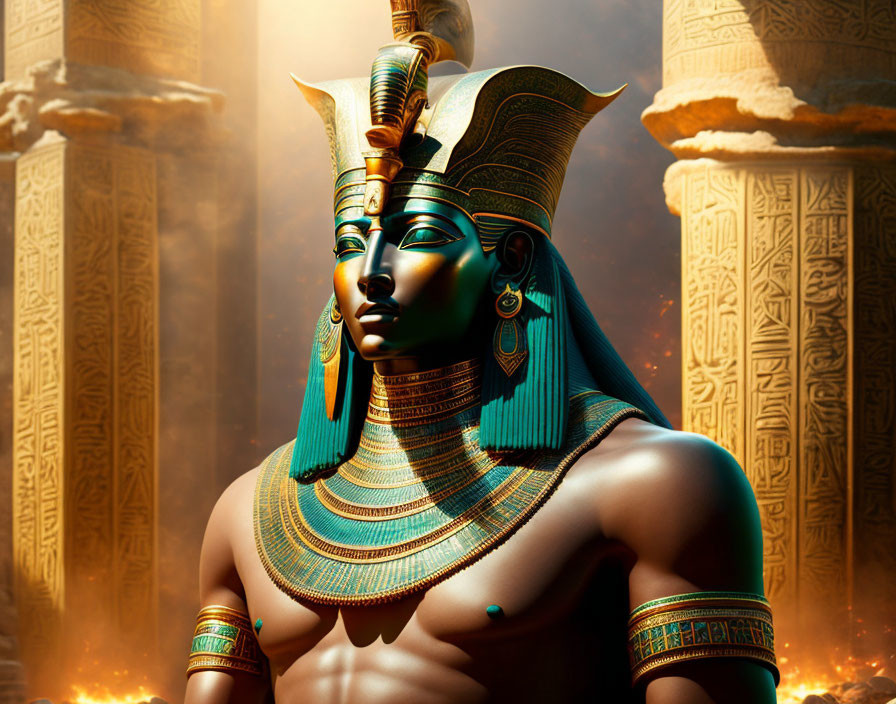 Digital artwork of pharaoh in traditional Egyptian attire among hieroglyph-adorned pillars in golden light