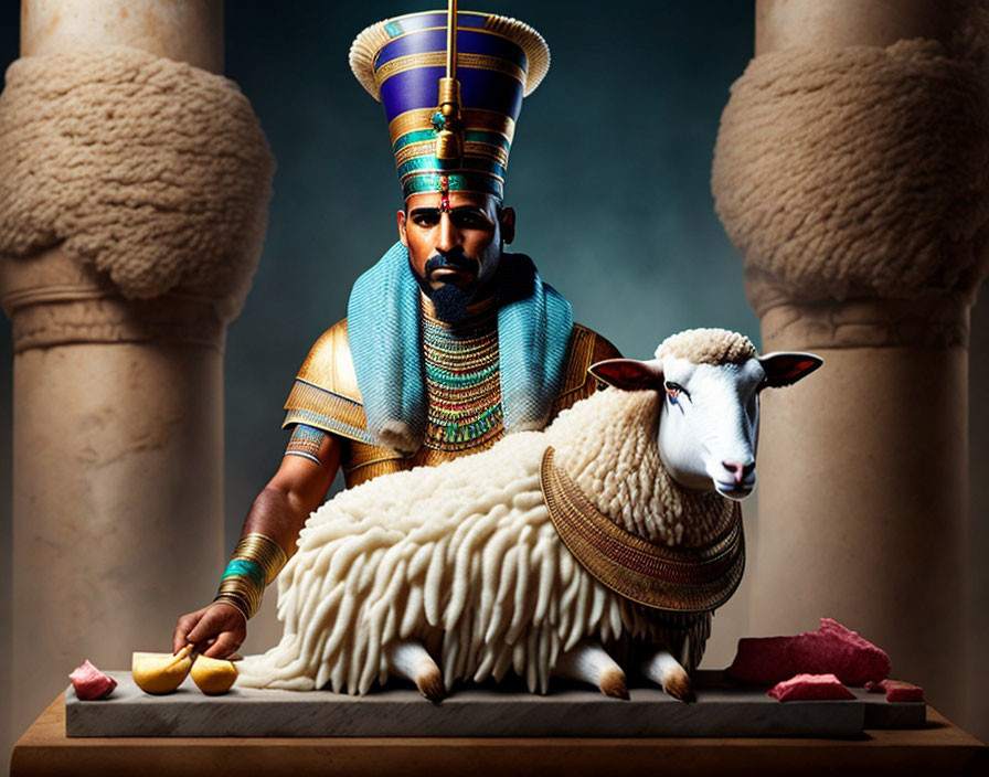 Stylized ancient Egyptian figure with sheep in traditional attire against stone pillars