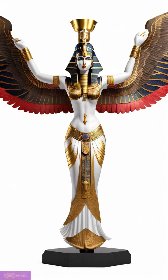 Egyptian deity with golden wings and traditional headdress on white background