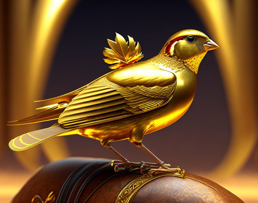 Golden bird perched on ornate sphere against warm, glowing backdrop