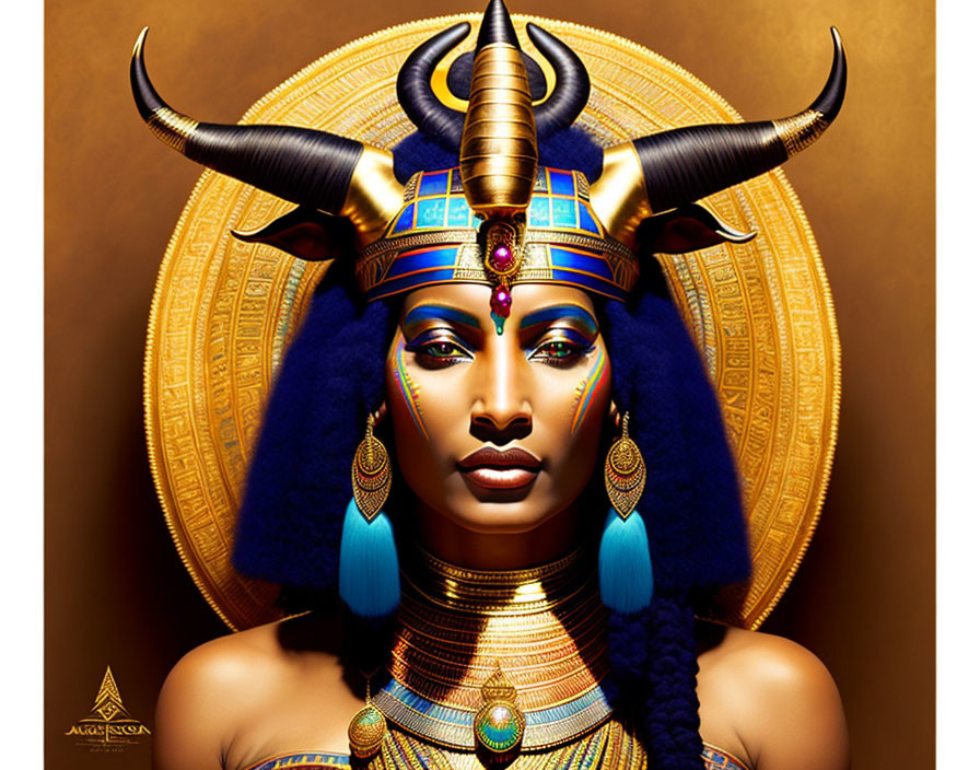 Digital artwork personifying Egyptian goddess Isis with golden headdress and hieroglyphic backdrop.