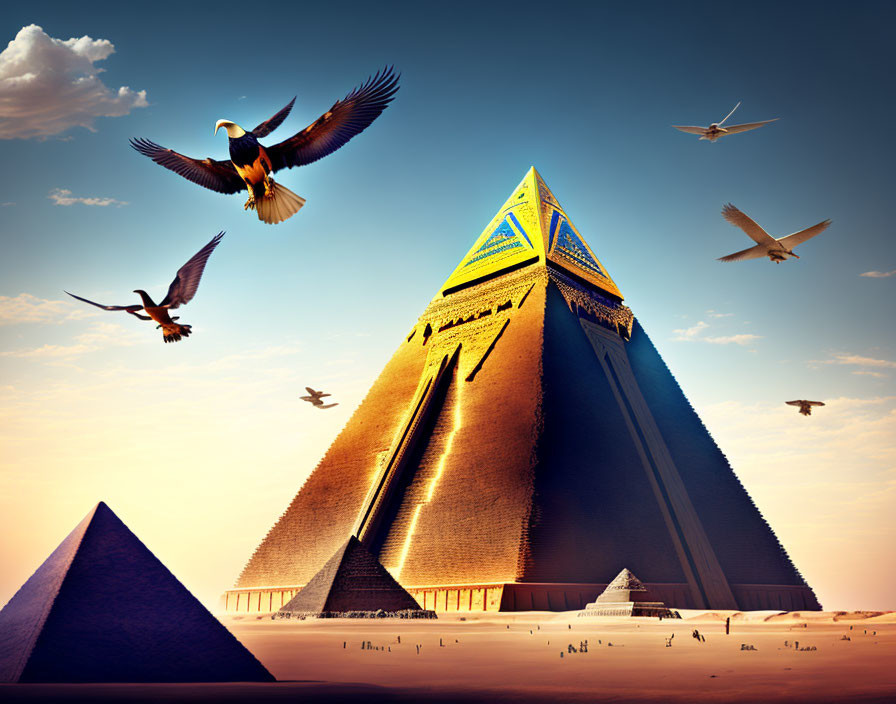 Futuristic pyramid with glowing blue top in dusky sky surrounded by smaller pyramids and birds.