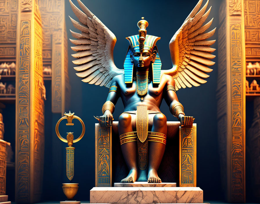 Egyptian deity depiction with human-bird fusion, ankh and staff, amidst hieroglyph pillars