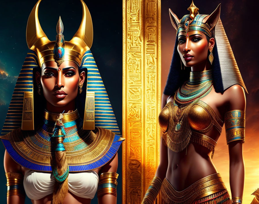 Egyptian-themed figures with traditional headdresses and jewelry in starry night setting.