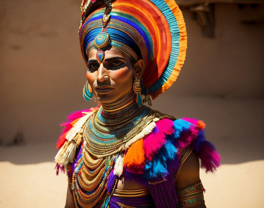 Elaborate Traditional Attire with Vibrant Headdress and Jewelry