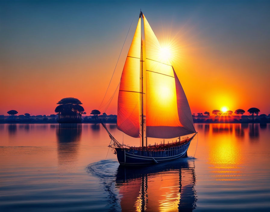 Sailboat with illuminated sails on calm waters at sunset