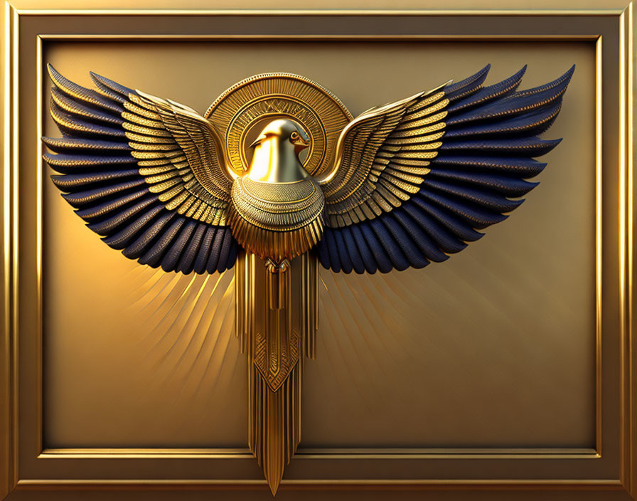 Golden Egyptian Falcon with Outspread Wings on Gold Background