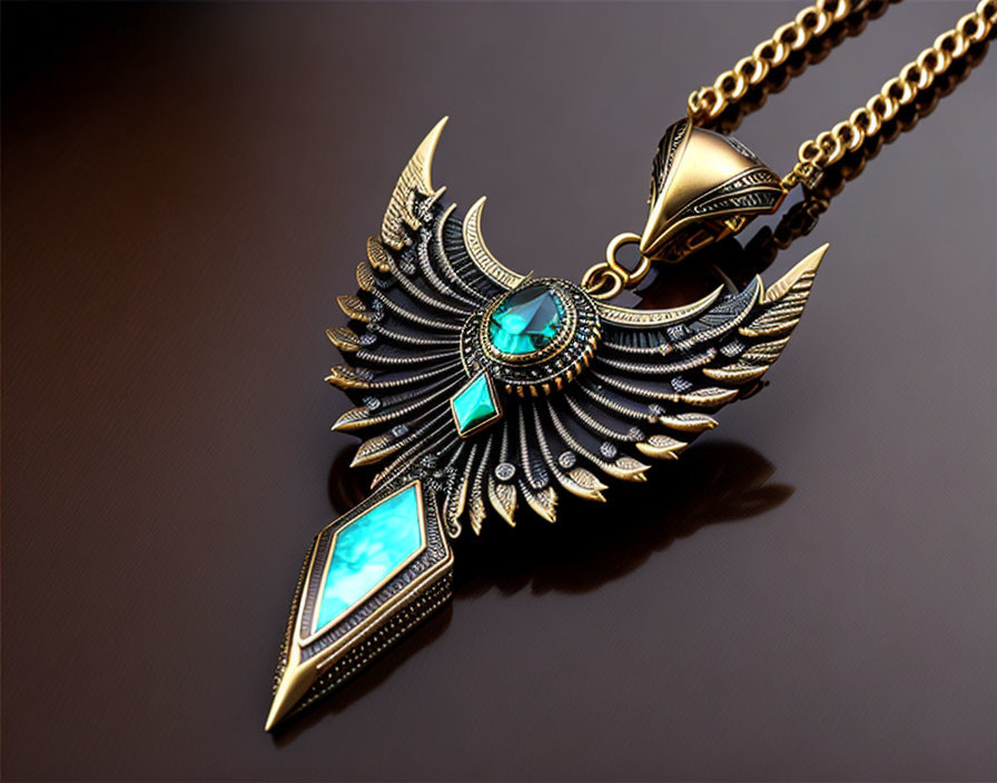 Golden Wing Design Pendant with Teal and Turquoise Gemstones on Chain