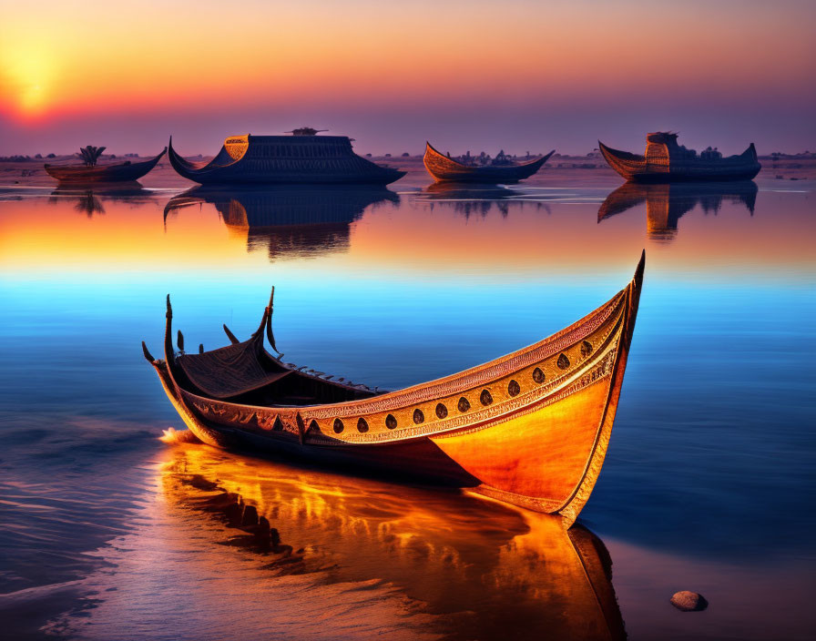 Sunset scene: Wooden boats on river with orange and blue reflections