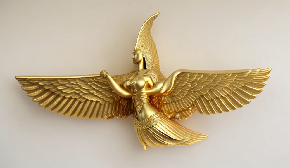 Golden Angel Statue with Outstretched Wings and Draped Robe Against Plain Background