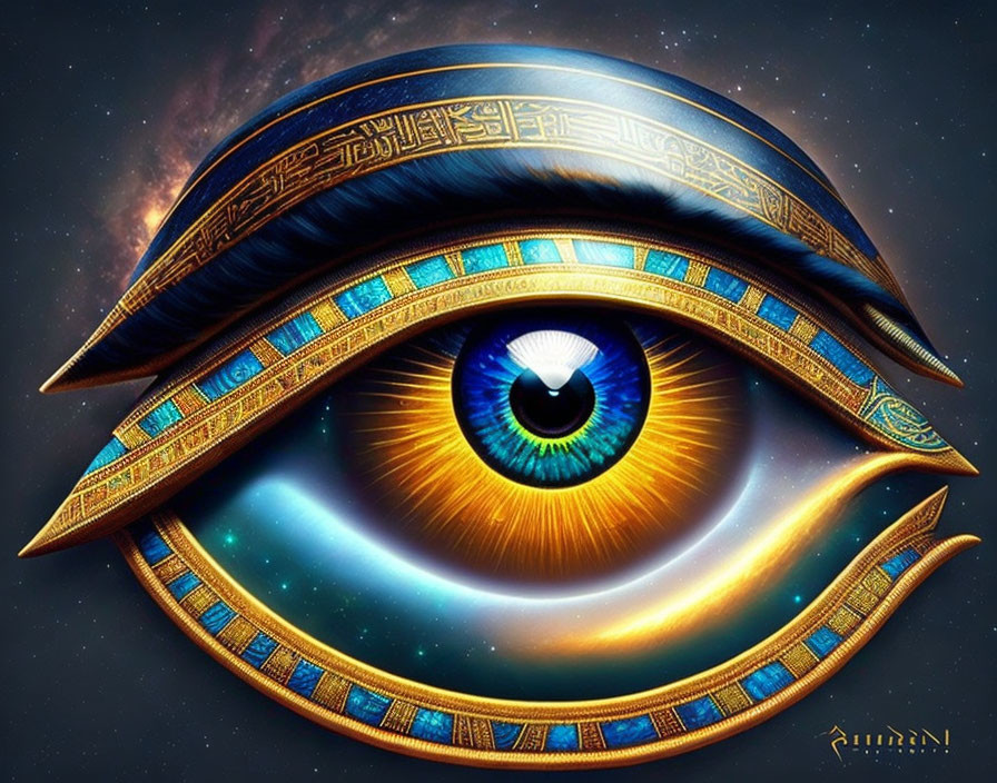 Stylized Eye of Horus in Cosmic Setting with Egyptian Patterns