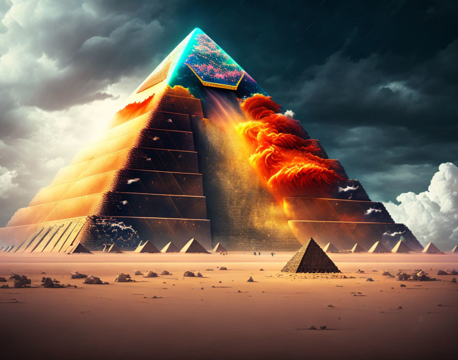 Surreal pyramids under stormy sky with fiery wave and rainbow capstone