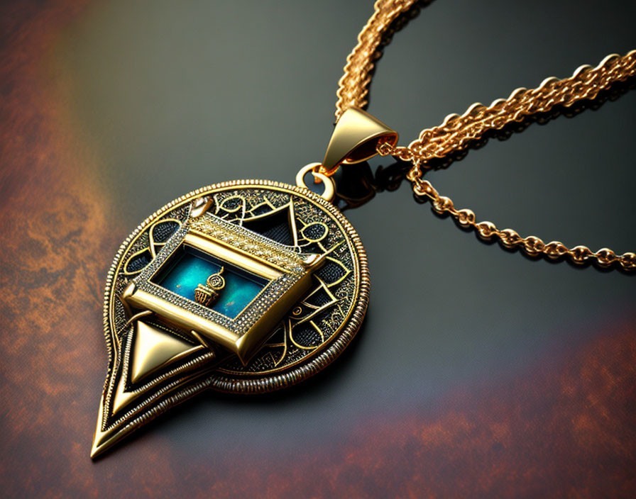 Geometric Design Turquoise Pendant on Gold Chain Displayed on Textured Surface