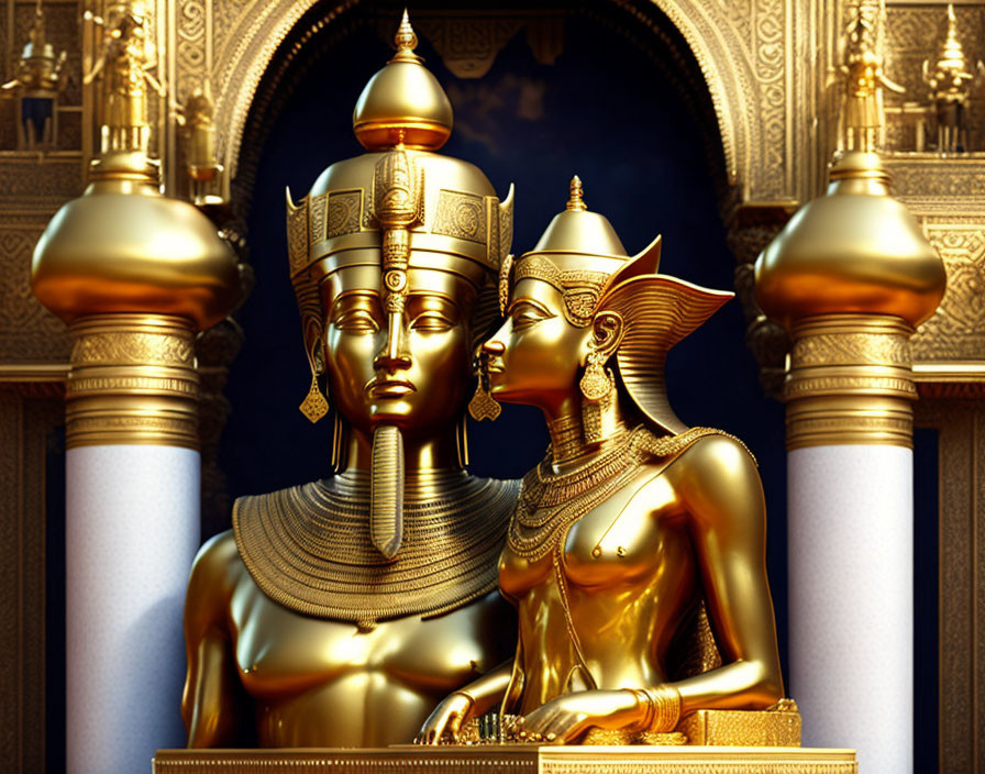 Golden Pharaoh and Queen Statues in Luxurious Temple