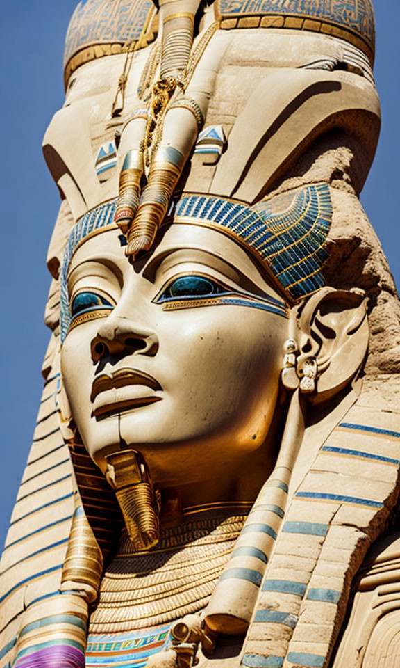 Ornate Egyptian statue with pharaoh's headdress under clear blue sky